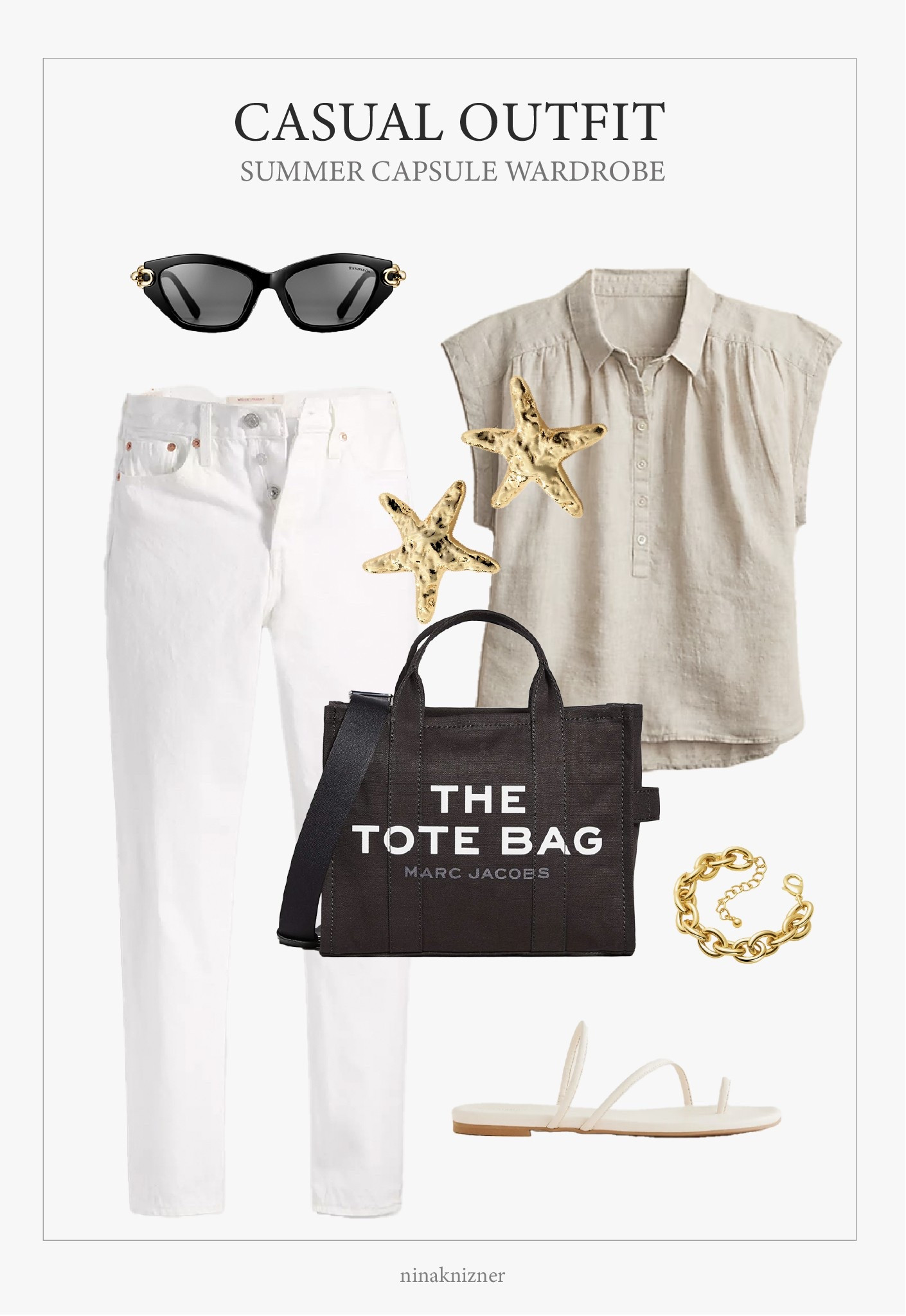 Casual summer outfit.

White denim paired with a linen top, canvas tote bag, and strappy ivory sandals. Accessorized with a gold starfish earrings, and black Tiffany’s sunglasses.


#summeroutfit
#capsulewardrobe #modernluxe #quietluxury #neutraloutfits

#LTKSeasonal #LTKStyleTip #LTKTravel