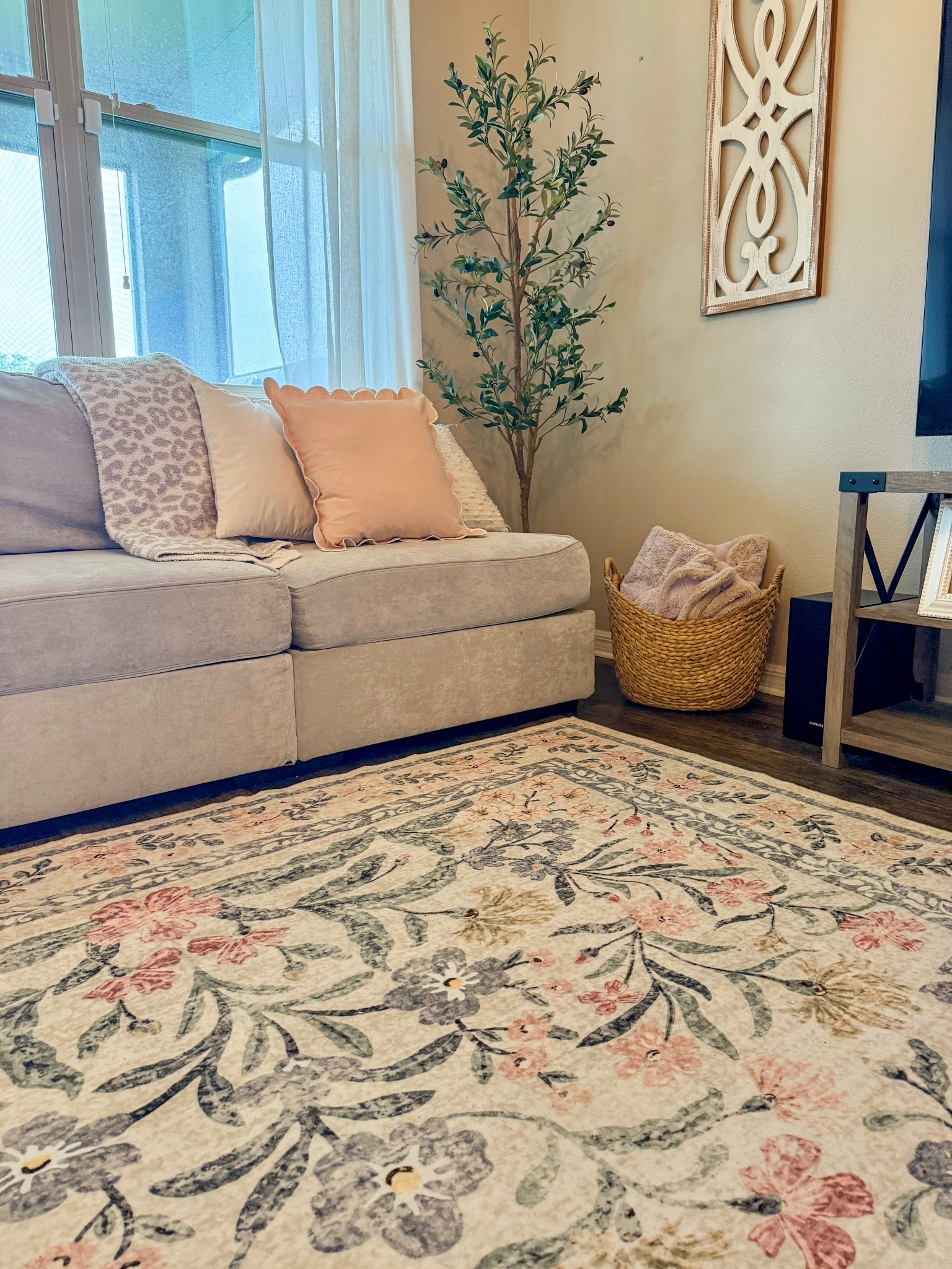 Spring time decor. Living room. Family room. Pink home decor. Preppy home decor. Grandmillennial. Grandmillennial home decor. Olive tree. Area rug. Throw pillows. Scalloped decor. Amazon finds.

#LTKHome #LTKFamily