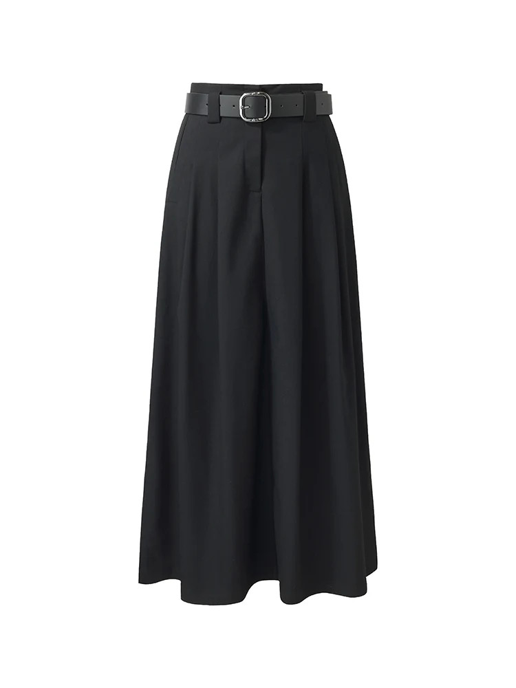 Black A-Line Women Maxi Skirt With Belt | GOELIA