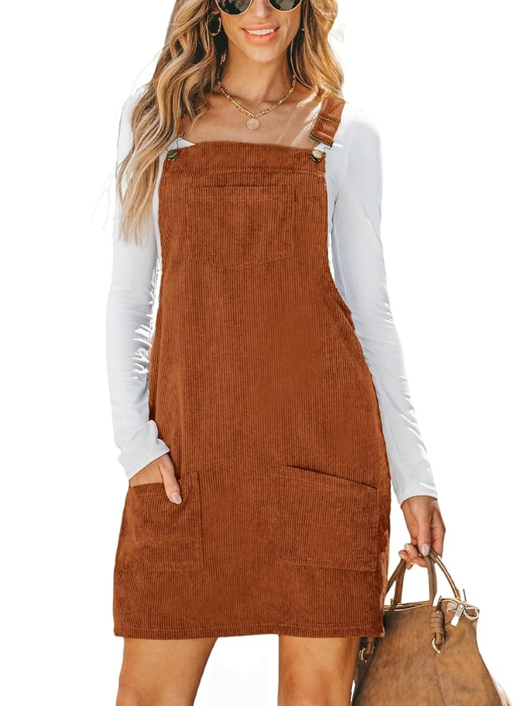 CUPSHE Women Corduroy Fall Dresses Front Bib Pocket Square Neck Wide Strap Casual Overall Mini Dr... | Amazon (US)