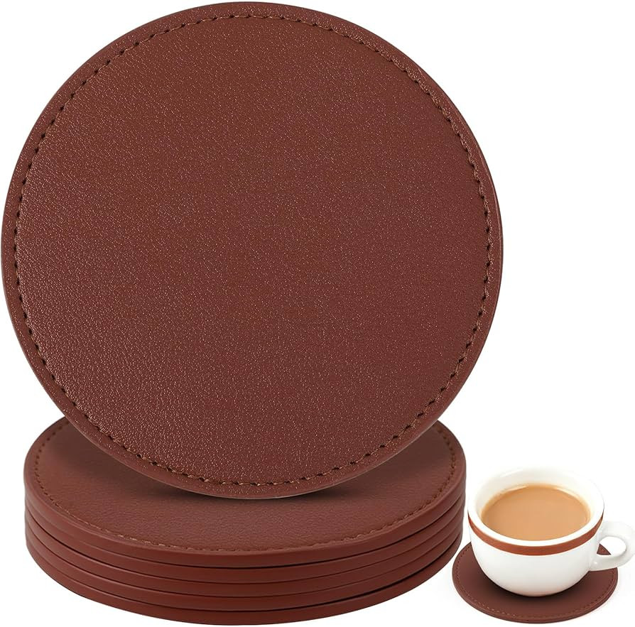UPINS Leather Coasters for Drinks，4 Inch Leather Coasters Set of 6 Brown Drink for Tabletop Pro... | Amazon (US)