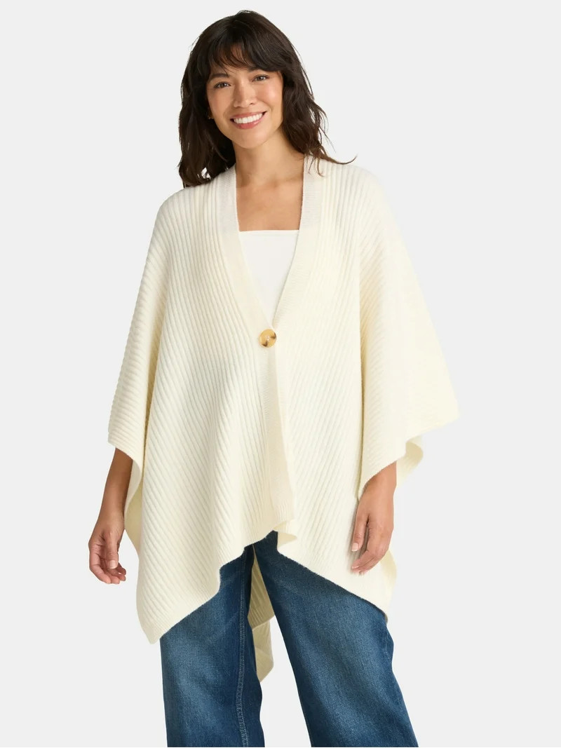 Time and Tru Women's Rib Knit Fashion Coverup with Button, One Size, Ivory | Walmart (US)