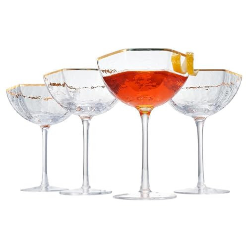 Vintage Crystal Champagne Coupe Gold Rim Octagonal Angled Glasses | Set of 4 | 6 oz, Art Deco Rim Classic Cocktail Glassware - Martini, Cosmopolitan, Sidecar, Daiquiri | 1920s Style Saucer Goblets | Amazon (US)