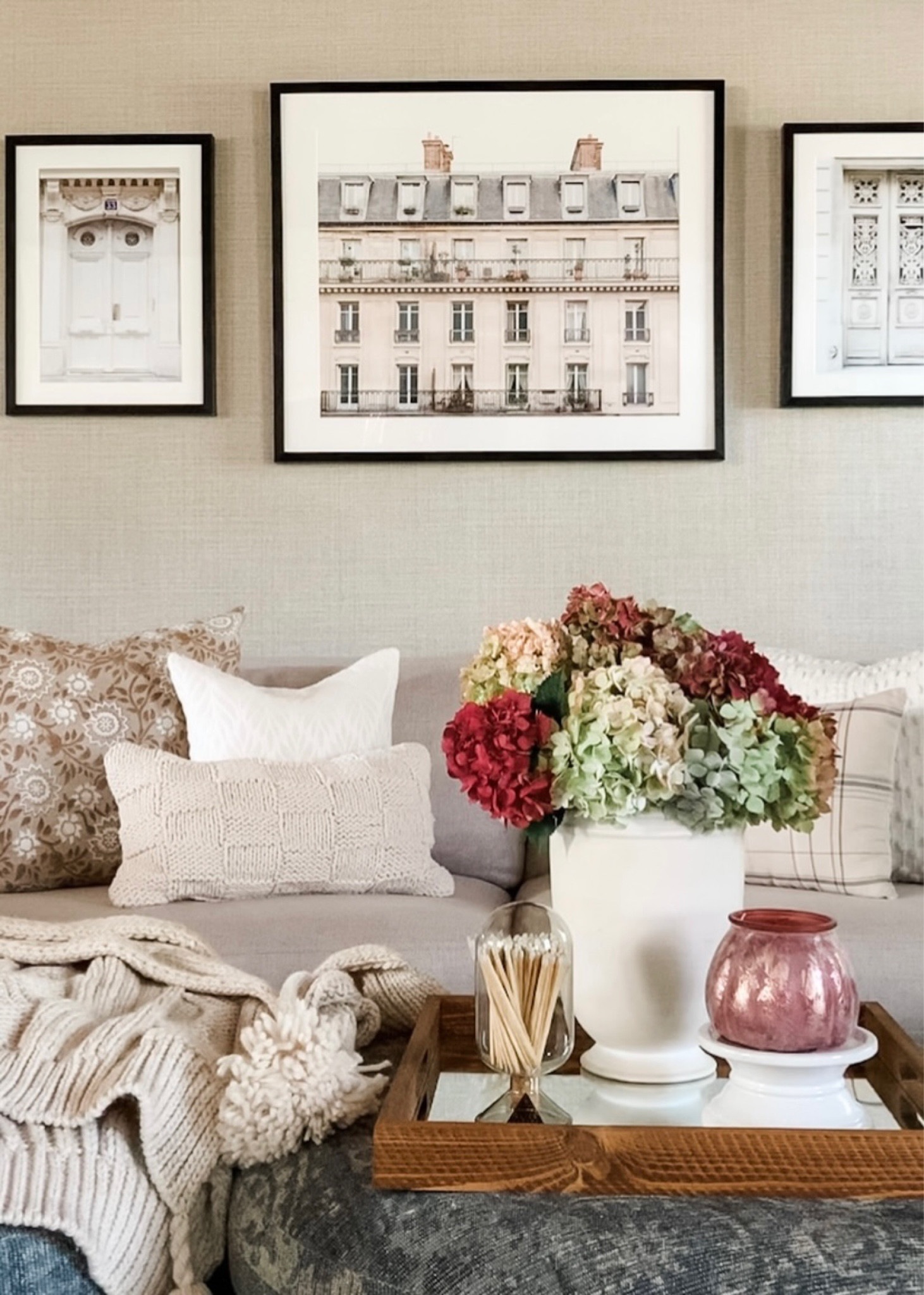 Shop fall neutrals on sale! Freshen your living space with cozy and comfy throw pillows and soft knit throw blanket with tassels on sale from Hearth and Hand, mirrored tray large cream, off white vase, mauve and off white faux hydrangeas, fall fragrant candle, cloche matches, Parisian artwork. Neutral home, neutral decor. 



#LTKSeasonal #LTKsalealert #LTKhome