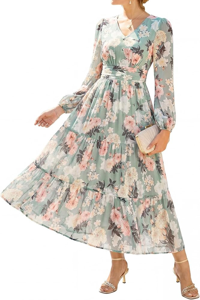 GRACE KARIN Women's Floral Long Sleeve Dress,Elegance Wedding Guest Dresses,V Neck Flowy Boho Max... | Amazon (US)