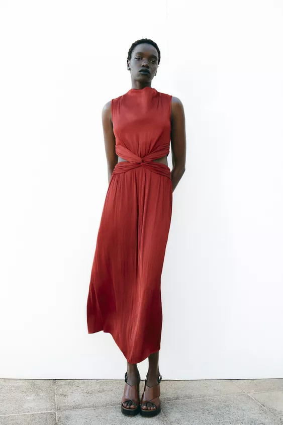 SATIN EFFECT CUT OUT MIDI DRESS | Zara US