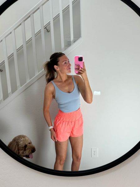 Today’s walk outfit! I love these high rise running shorts from FP! I got my true size. Also linked my walking shoes — Hokas are the BEST! 