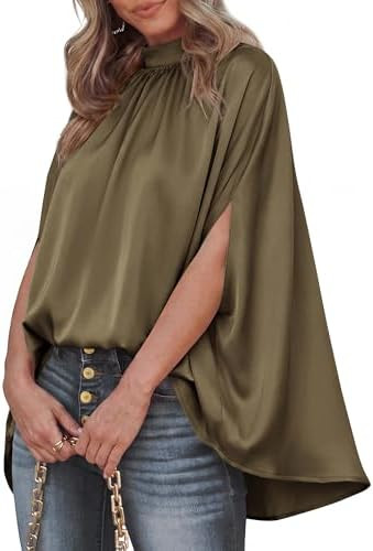 BTFBM Oversized Satin Womens Summer Tops 2026 | Mock Neck, Batwing Sleeve, Silk Satin Shirts, Blo... | Amazon (US)
