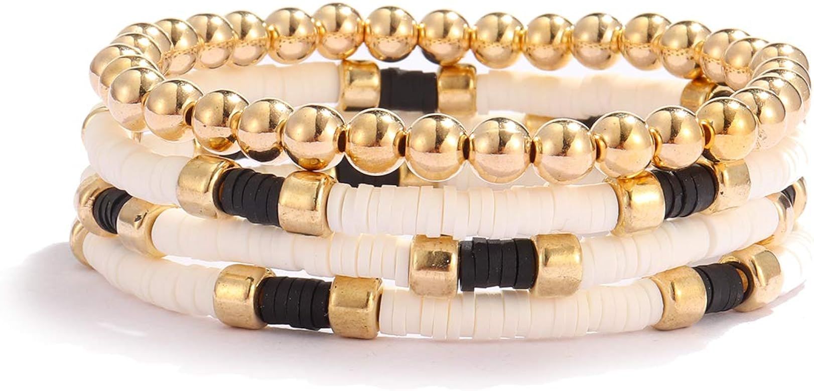 Colorful Beaded Bracelet for Women Heishi Bracelet Set Assorted Gold Bead Stackable Stretch Strand B | Amazon (US)