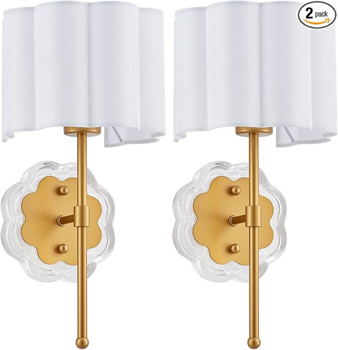 Modern Wall Sconce Set of 2, with Creamy-White Fabric Flower and Antique Brass Brush Paint Finish... | Amazon (US)