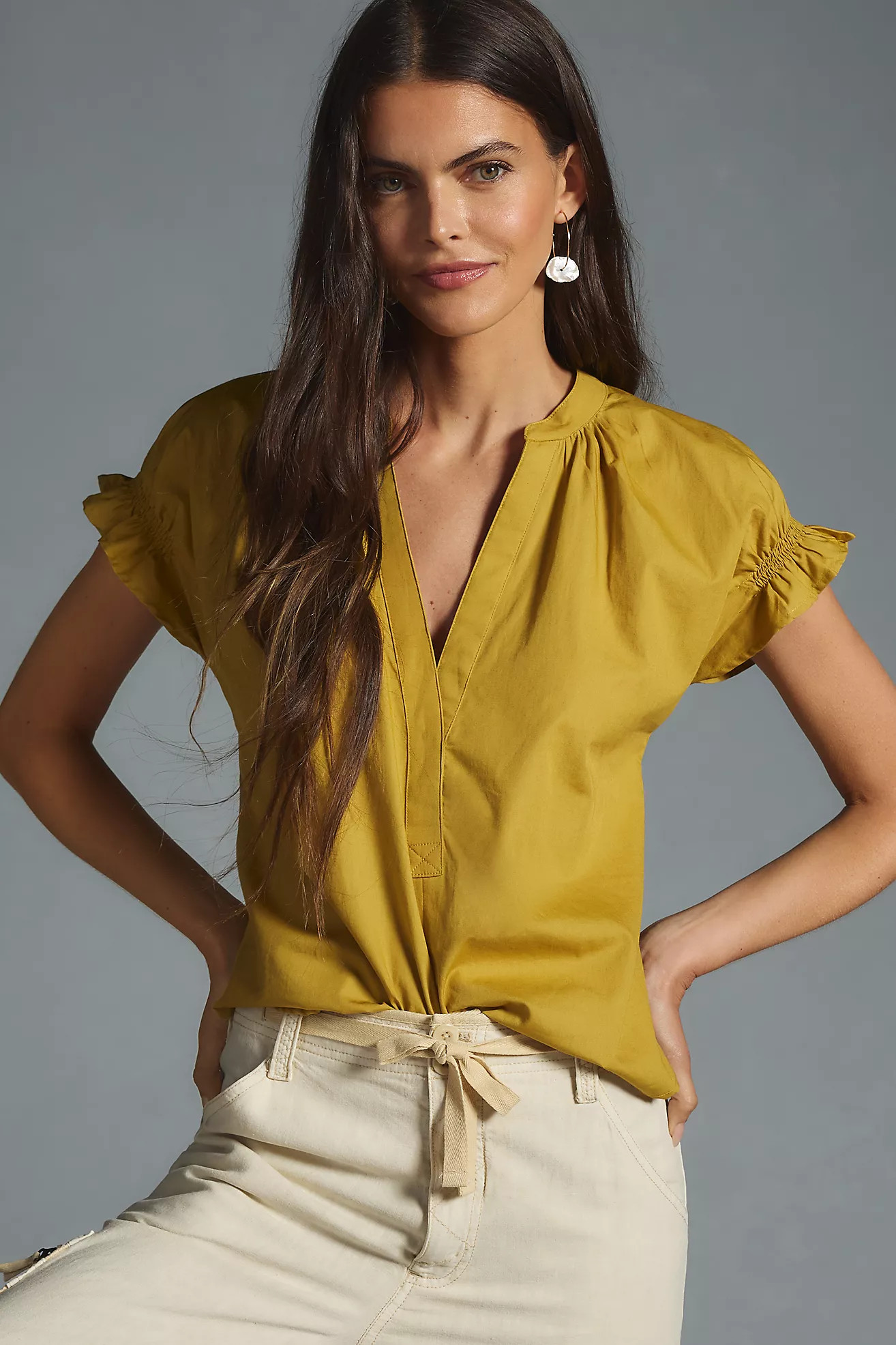 Pilcro Flutter-Sleeve Henley Blouse | Anthropologie (US)