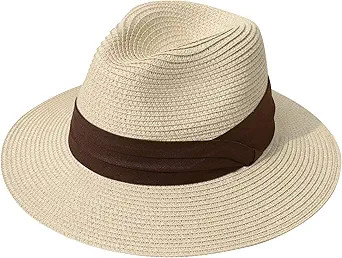 Lanzom Women Wide Brim Straw Panama Roll up Hat Fedora Beach Sun Hat UPF50+ | Amazon (US)