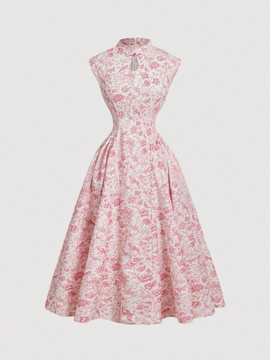 SHEIN MOD New Chinese Style Blue Floral Dress With Buckle Decoration, Teacher Dress, Autumn Dress... | SHEIN