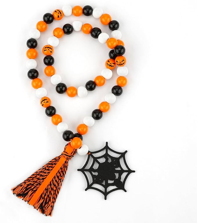 Halloween Wood Bead Garland with Tassels - Spiderweb Halloween Decorations,Spiderweb Decor,Farmho... | Amazon (US)