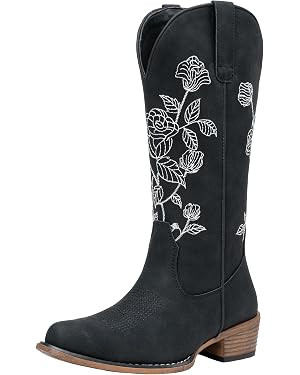 Women's Western Cowboy Boots, Mid Calf Embroidery Flower Cowgirl Boots with Low Heel,Side Zipper ... | Amazon (US)