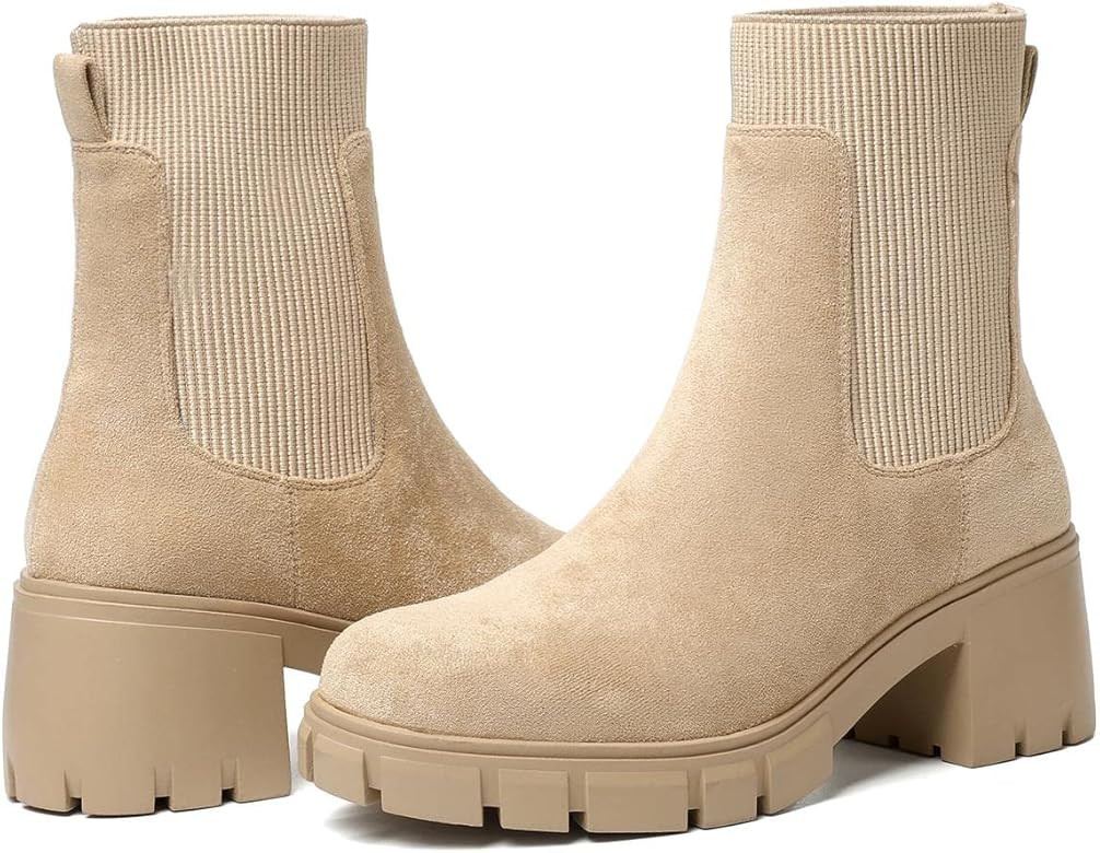 GOUPSKY Womens Ankle Boots Lug Sole Comfortable Slip On Chelsea Booties Elastic Gore | Amazon (US)