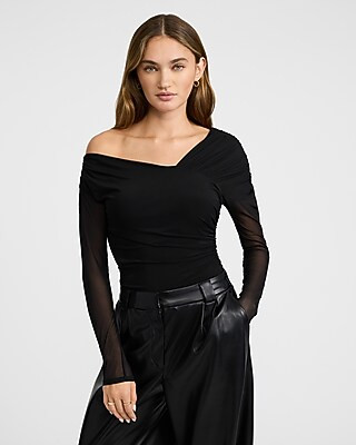 Mesh Asymmetrical Off the Shoulder Long Sleeve Ruched Bodysuit | Express
