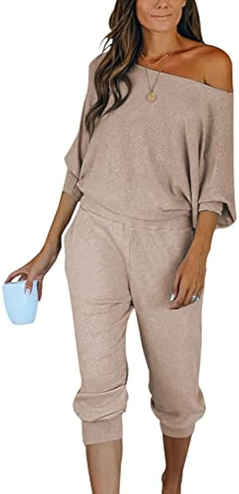 PRETTYGARDEN Women's 2 Piece Ribbed Tracksuit Outfits Off Shoulder Long Sleeve Pullover Lounge Pa... | Amazon (US)
