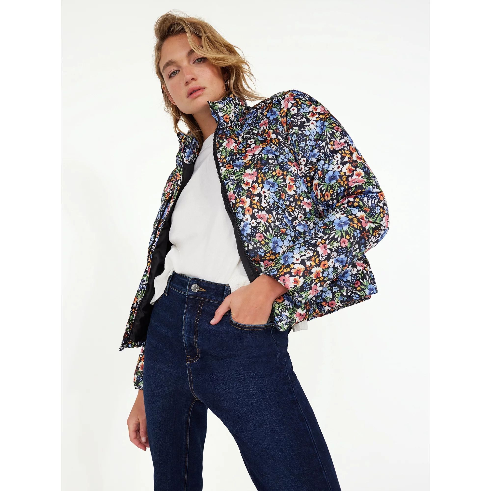 Time and Tru Women's Short Print Puffer Jacket, Sizes XS-3X | Walmart (US)