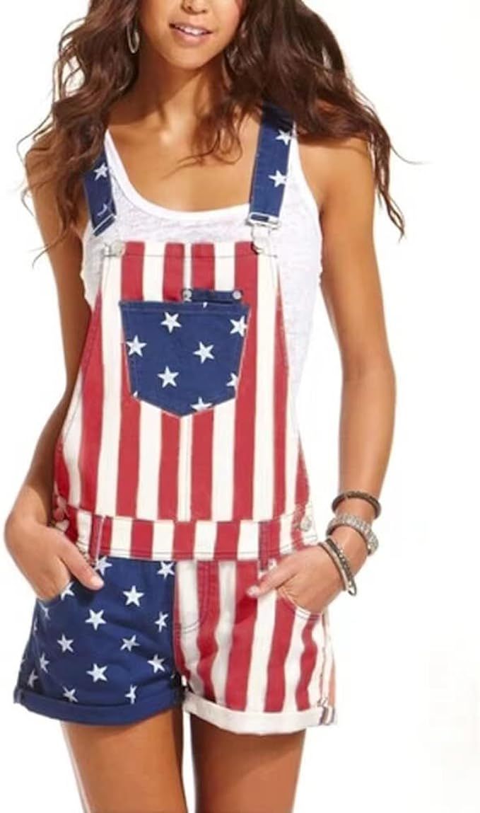 Memorial Day Unisex American Patriotic Flag Overalls Bib Denim Shorts Romper Independence Day Jul... | Amazon (US)
