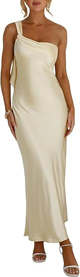 2026 Satin One Shoulder Maxi Dress for Women Summer Silk Formal Elegant Backless Ruffle Sleeveles... | Amazon (US)