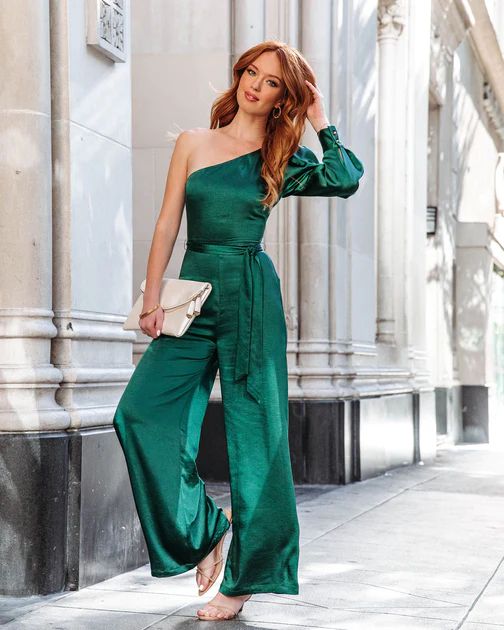 Sleigh Baby Satin One Shoulder Jumpsuit - Hunter Green | VICI Collection