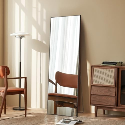 NEWBULIG Full Length Mirror 64.2"x 21" for Bedroom, Full Body Mirror with Stand, Hanging or Leaning for Wall, Aluminum Alloy Thin Frame Floor Standing for Living Room, Long, Black | Amazon (US)