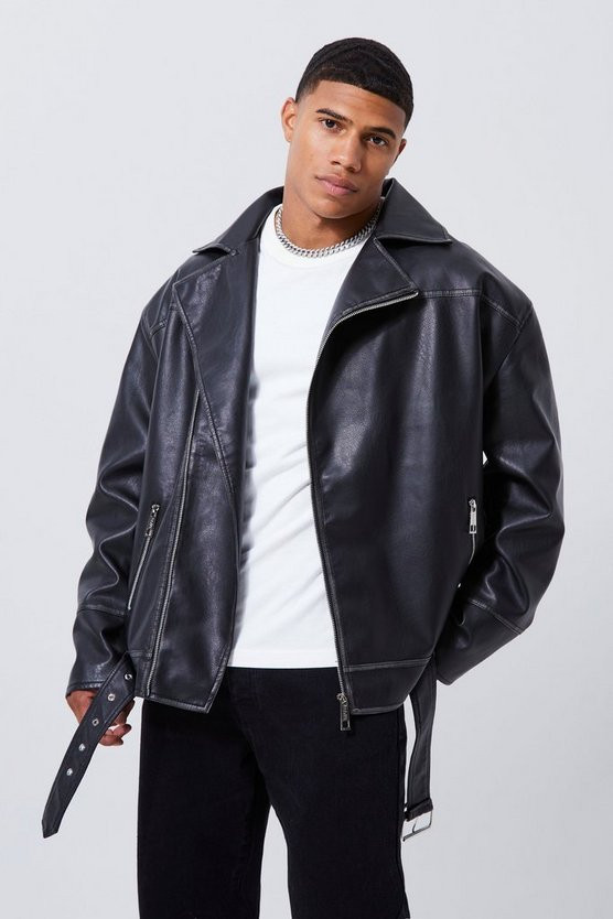 Oversized Vintage Pu Biker Jacket | boohooMAN (US & Canada)