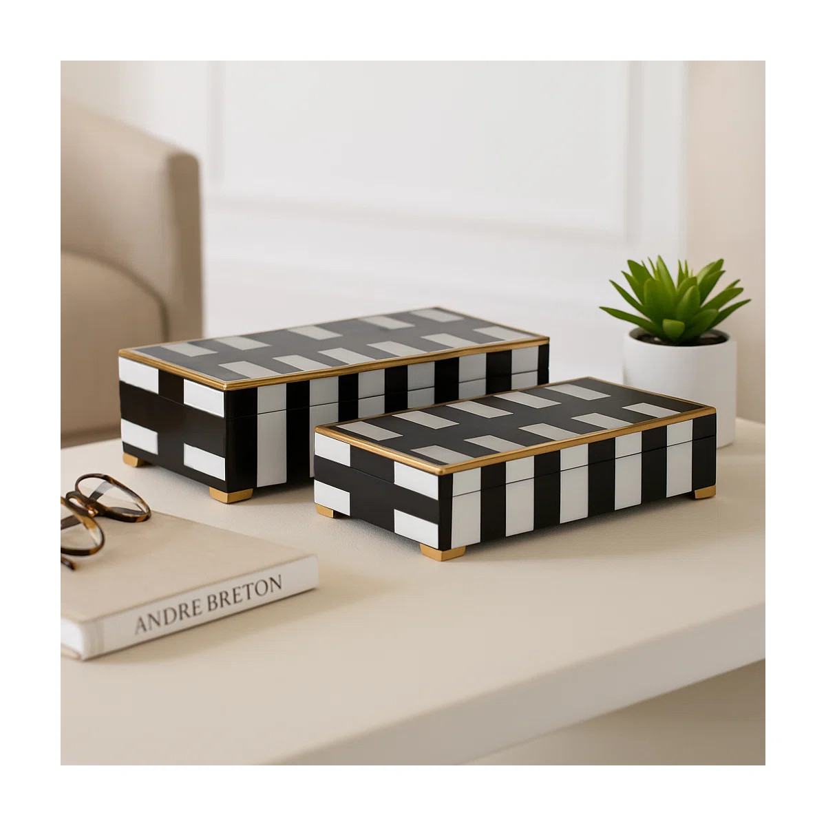 Quirion Decorative Storage Boxes Resin Modern Stripe Pattern Accent Decor For Home Office Or Livi... | Wayfair North America