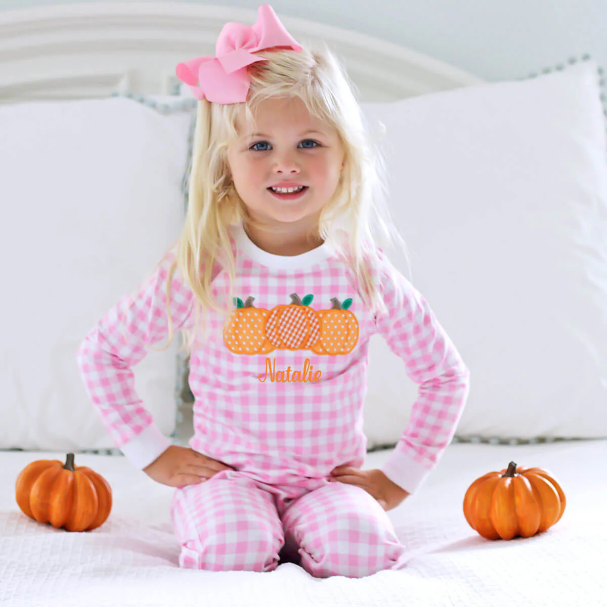 Pumpkin Cluster Pink Gingham Pajamas | Classic Whimsy