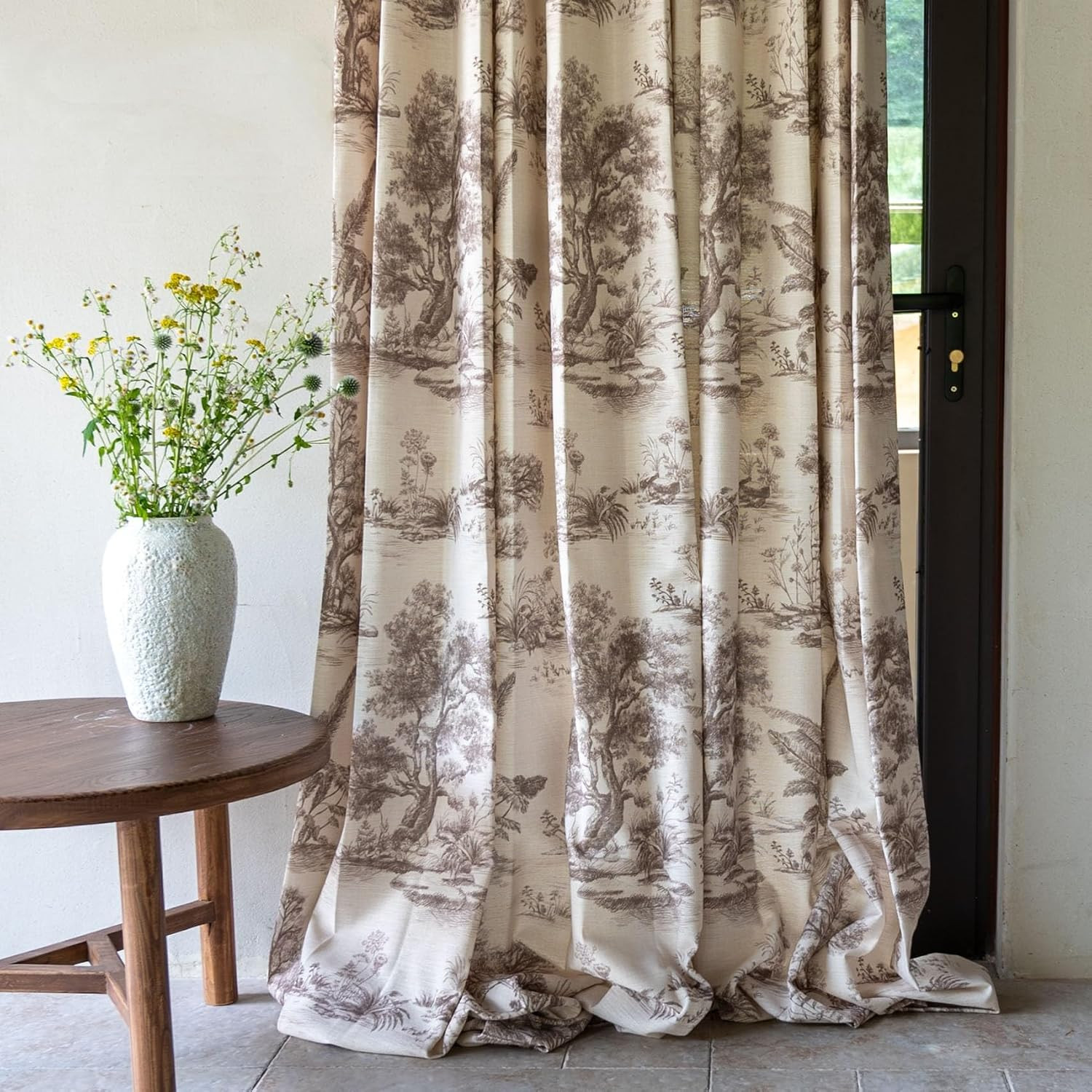 Taupe Floral Curtains 84 Inches Long for Living Room 1 Panel, Linen 50% Blackout Curtains Vintage French Country Botanical Patterned Neutral Curtains for Dining Room Bedroom, Beige/Light Brown | Amazon (US)