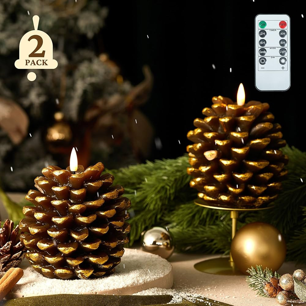 2 Pcs Pinecone Flameless Candles with Remote Timer,LED Candles Battery Operated for Christmas,Rea... | Amazon (US)