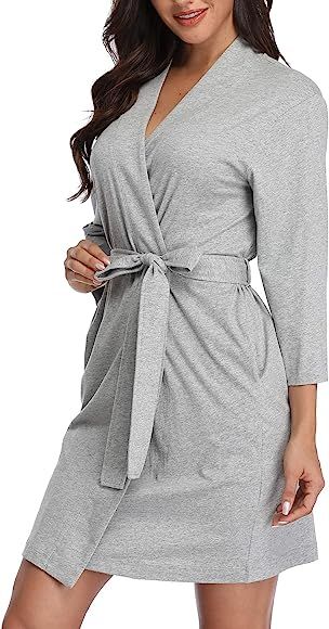 Women Kimono Robes Cotton Lightweight Short Knit Bathrobe V-Neck Sleepwear Ladies Loungewear | Amazon (US)