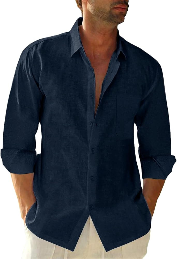 Button Down Linen Shirts for Men Casual Long Sleeve Regular Fit Cotton Beach Shirts with Pocket | Amazon (US)