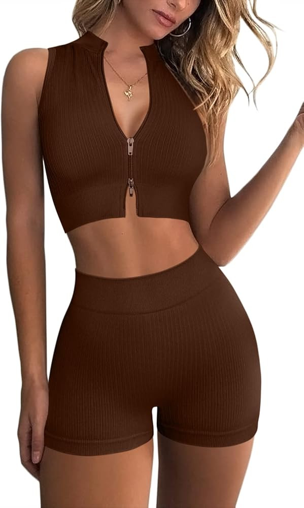 QINSEN Gym 2 Piece Yoga Sets for Women Zip Up Crop Tops Ribbed High Waist Booty Shorts Exercise W... | Amazon (US)