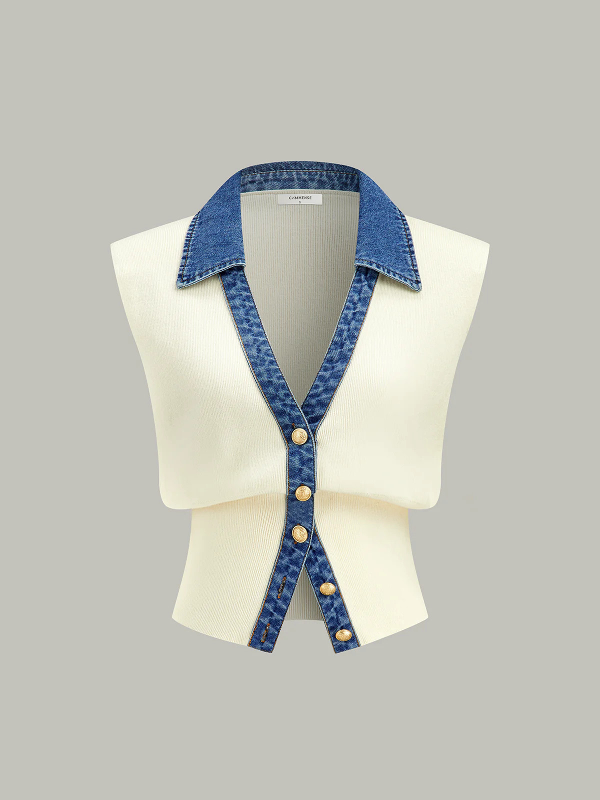 Denim Trim Metal Button Knit Vest | Commense