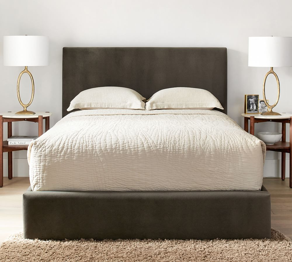 Raleigh Square Upholstered Low Platform Bed with Pewter Nailheads, Full, Performance Slub Cotton ... | Pottery Barn (US)