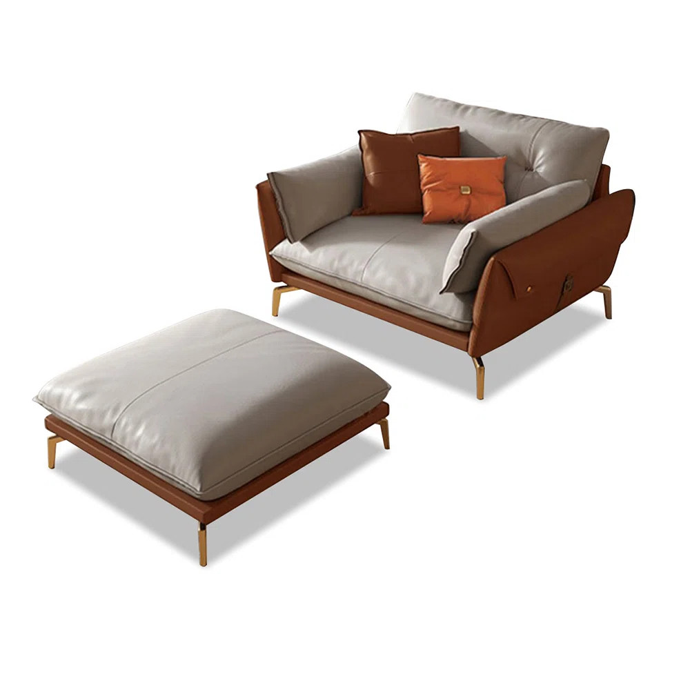 Orange and Beige Genuine Leather cushion Arm Chair with Ottoman | Wayfair North America