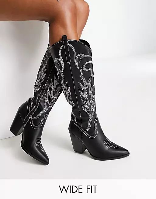 Glamorous Wide Fit embroidered western boots in black | ASOS (Global)