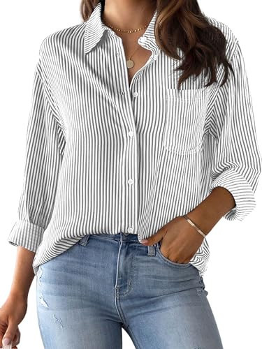 CUNLIN Grey Button Down Striped Shirt Women Blouses & Button-Down Shirts for Womens Fashion Long Sleeve Blouse Tops Grey Size XL | Amazon (US)
