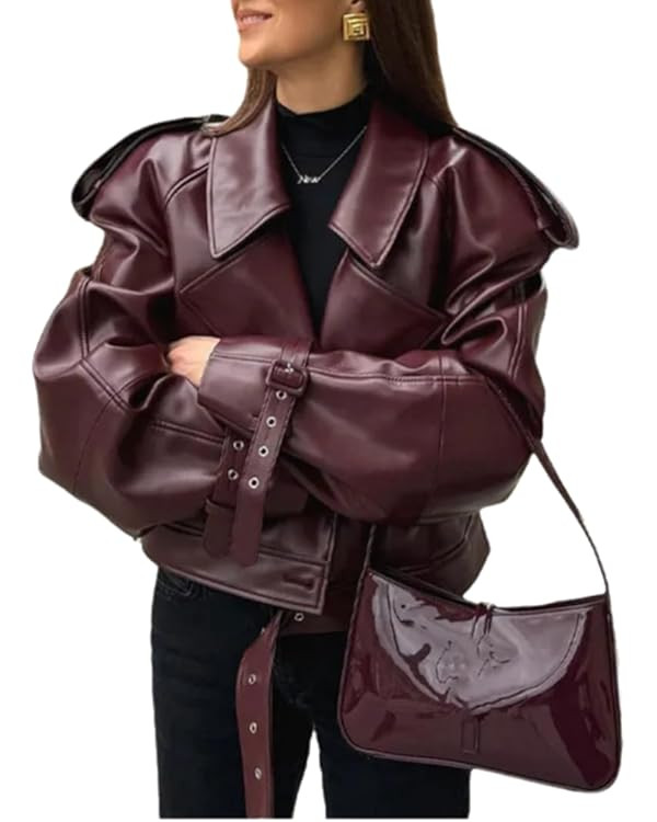 THLAI Womens PU Leather Jacket Long Sleeve Retro Collar Motorcycle Jacket Casual Coat | Amazon (US)
