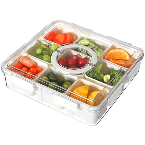 Taiuloo Divided Serving Tray with Airtight Lid and Handle, 9 Compartment Snackle Box Container, Portable Snack Platters, Clear Fridge Organizer & Food Storage for Veggie, Fruit, Charcuterie, Nuts | Amazon (US)