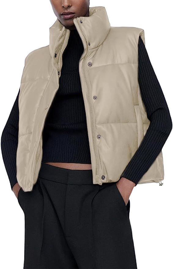 Ailoqing Women's Quilted Faux Leather Puffer Vest Collared Sleeveless Padded Jacket | Amazon (US)