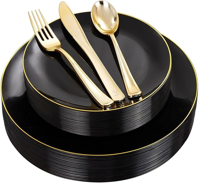 YOUBET 125PCS Black and Gold Plastic Plates - Black Disposable Plates With Gold Rim - Includes 25... | Amazon (US)