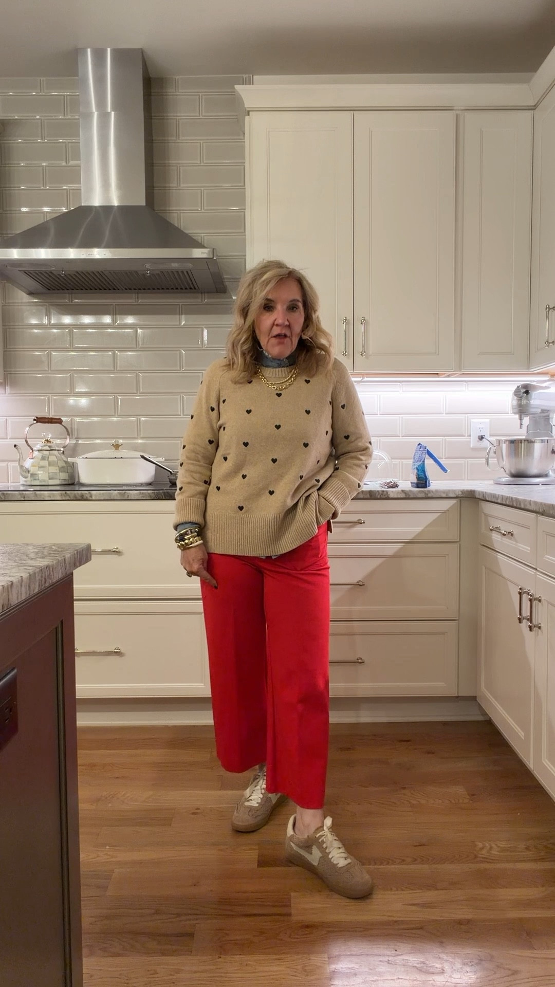 Sweater size medium 
Colette knit pants size 29 petite 
Linking a few similar ruffle, neck, blouses that would work great under sweaters and on their own
Winter outfit, valentine outfit Galentines day khaki sweat sweater Hartt sweat sweater red pants

#LTKOver40 #LTKPetite #LTKSaleAlert