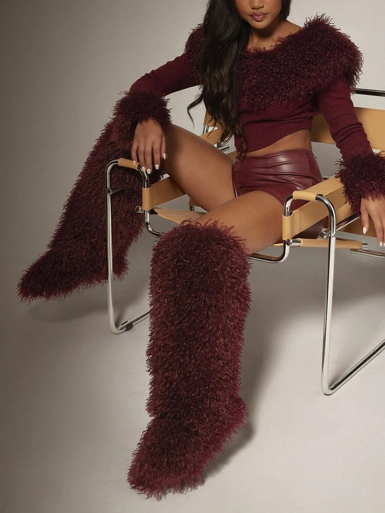 SHUZIA New Women's Knee-High Burgundy Faux Fur Plush Shaggy Furry Warm Cozy Comfort Winter Holiday Festival Flat Bottom Boot For Christmas | SHEIN
