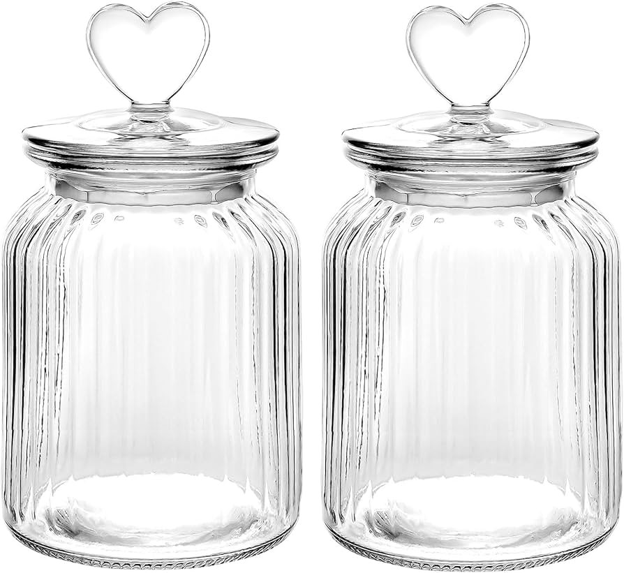 WHJY Set of 2 Airtight Glass Jars Decorative Jars, 32oz Jar of Hearts Cute Cookie Jar Decorative Jars with Lids Candy Jars for Candy Buffet Heart Shaped Lid - Stripes Textured | Amazon (US)