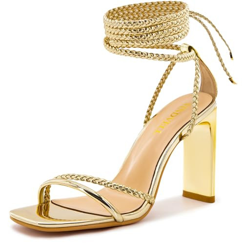 FINDVELL Gold Strappy Heels for Women Lace Up Heels Braided Tie Up High Heeled Sandals Square Open Toe Chunky Block Heels Party Dress Shoes Size 9.5 | Amazon (US)