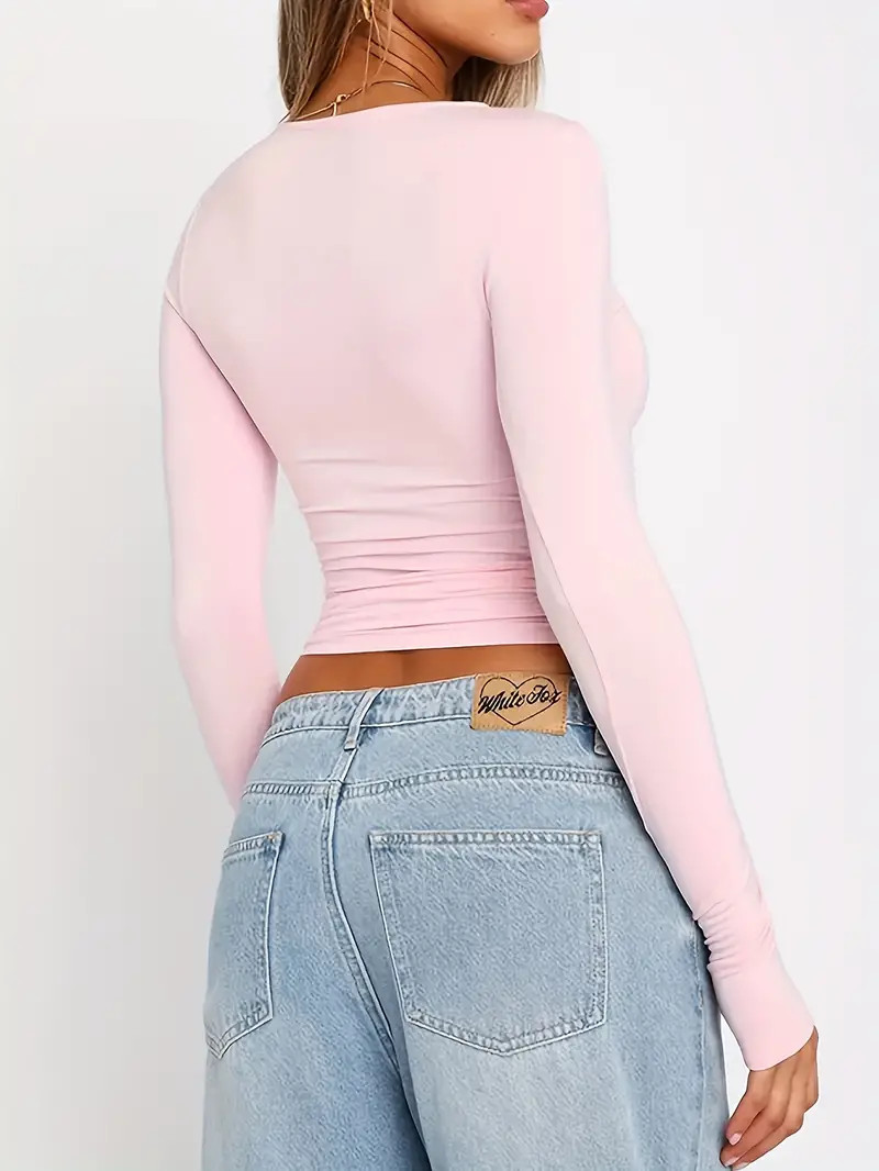 Casual Solid Lounge Tops, Long Sleeve Round Neck Slim Fit Crop Top, Women's Loungewear | Today's ... | Temu Affiliate Program