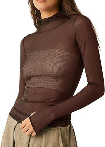 Women Sexy Floral Embroidery Mesh Layering Top Long Sleeve Y2k Print Tee Blouse Sheer Lace Trim Basic Shirt Tops | Amazon (US)